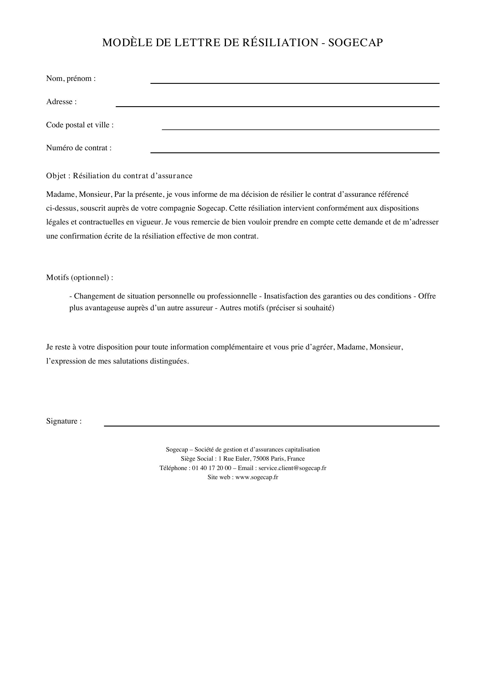 Modèle Lettre Résiliation Sogecap