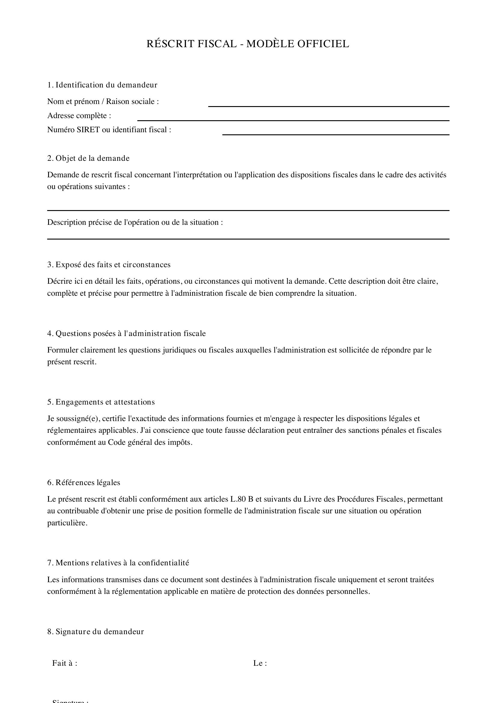 Rescrit Fiscal Modèle